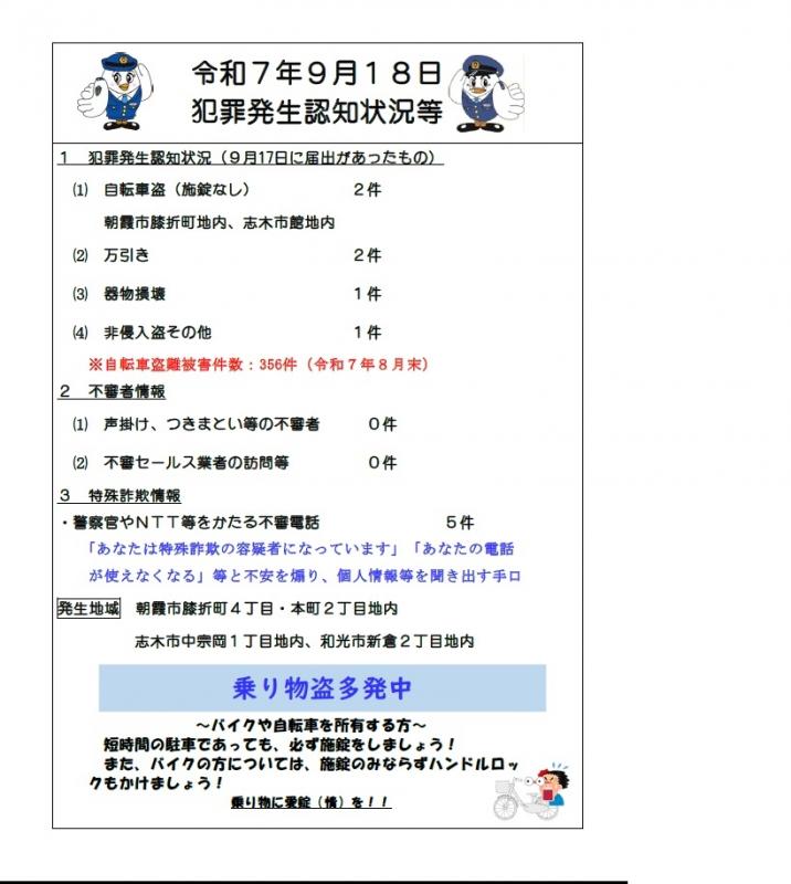 9月18日犯罪発生認知状況