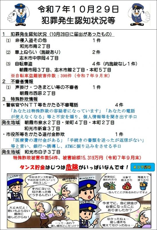 令和7年10月29日犯罪発生認知状況