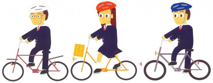 自転車はヘルメット被って一列走行