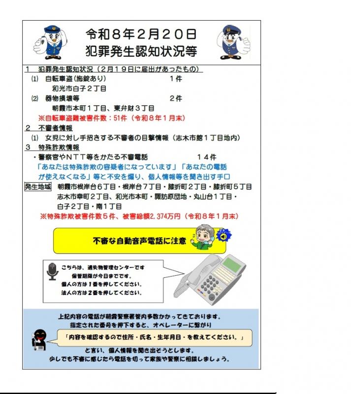 令和8年2月20日犯罪発生認知状況