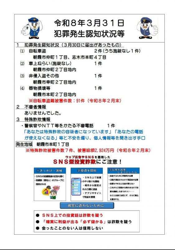 令和8年3月31日犯罪発生認知状況