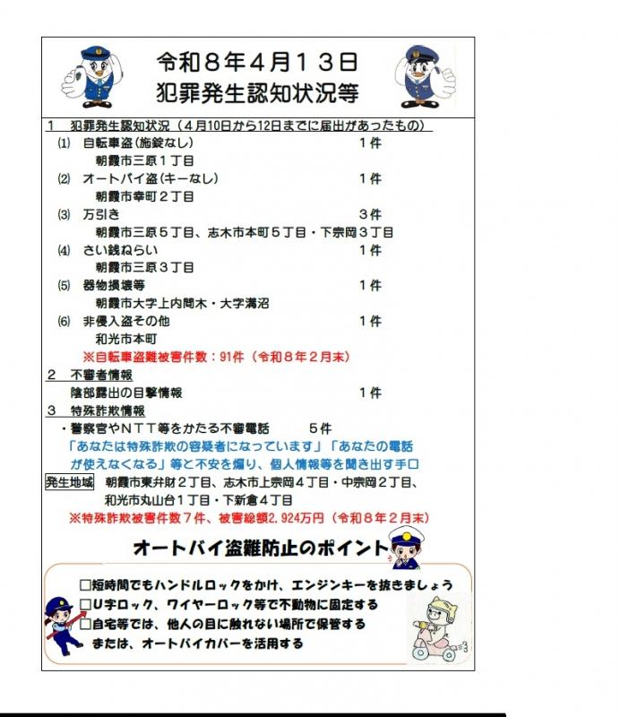 令和8年4月13日犯罪発生認知状況
