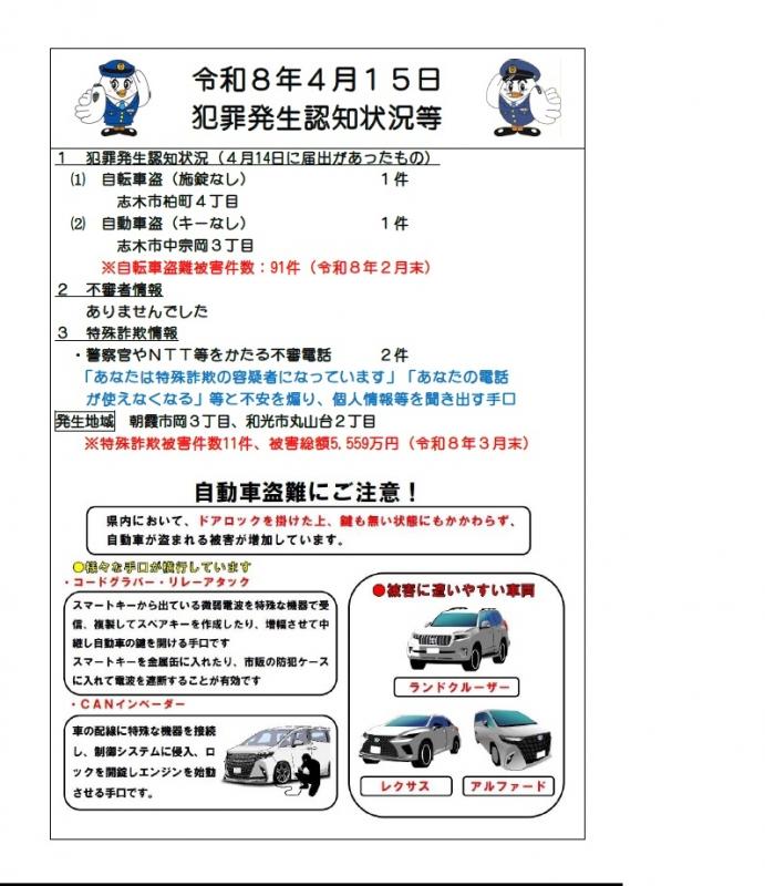 令和8年4月15日犯罪発生認知状況