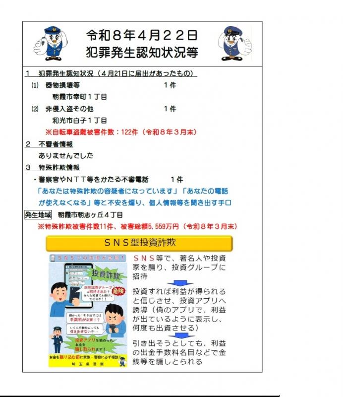 令和8年4月22日犯罪発生認知状況