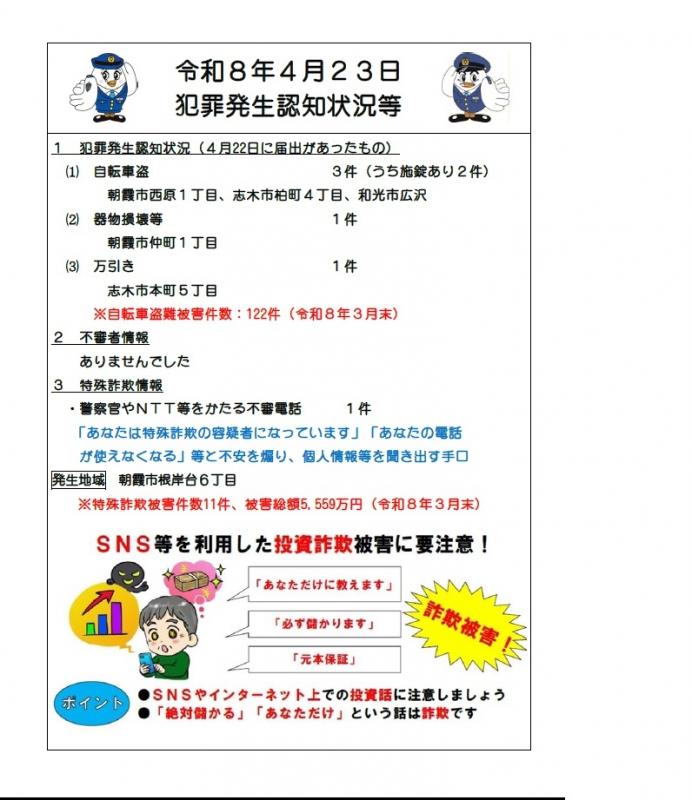 令和8年4月23日犯罪発生認知状況