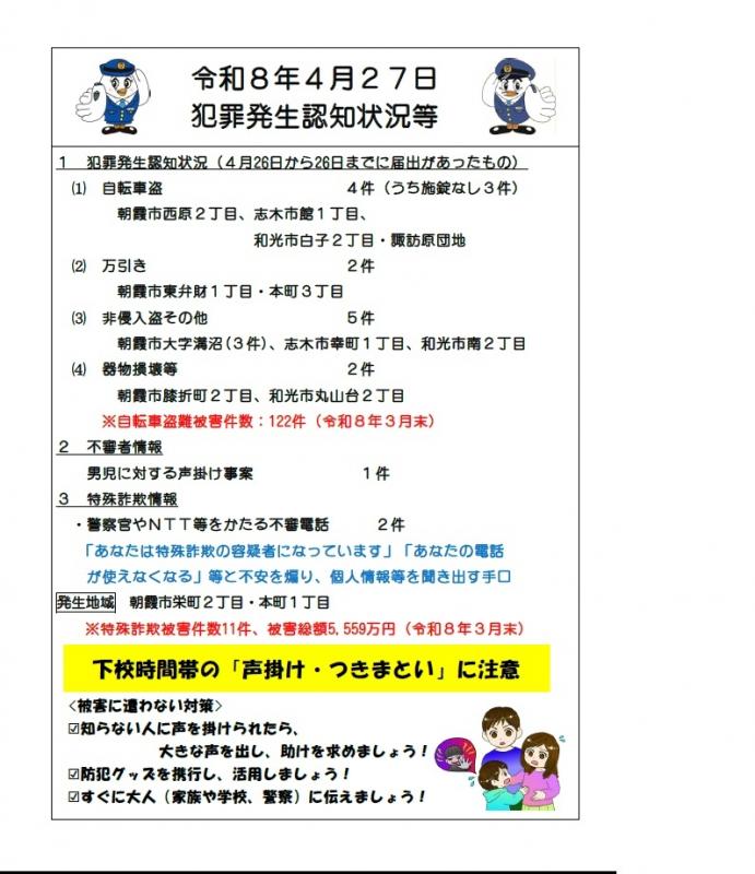 令和8年4月27日犯罪発生認知状況