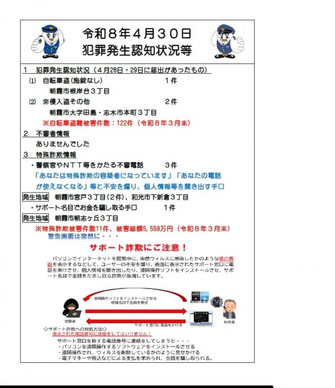 令和8年4月30日犯罪発生認知状況