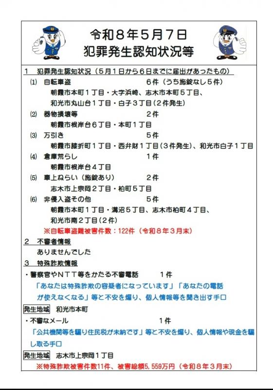 令和8年5月7日犯罪発生認知状況